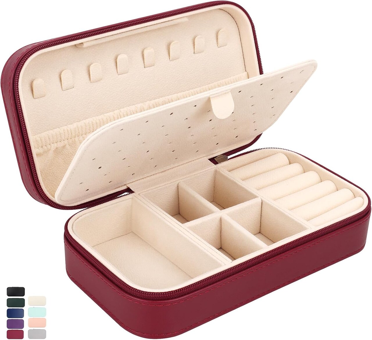Travel Jewelry Storage, PU Leather Portable Jewelry Case, Small Jewelry Boxes for Gifts, Travel Jewelry Organizer for Women Rings Earrings Necklaces Bracelets (Wine Red)